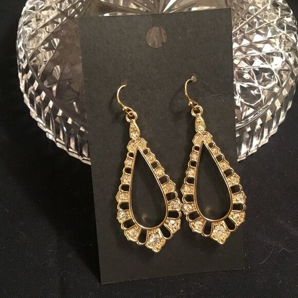 Goldtone and Clear Crystal Teardrop Earrings - Picture 2 of 4